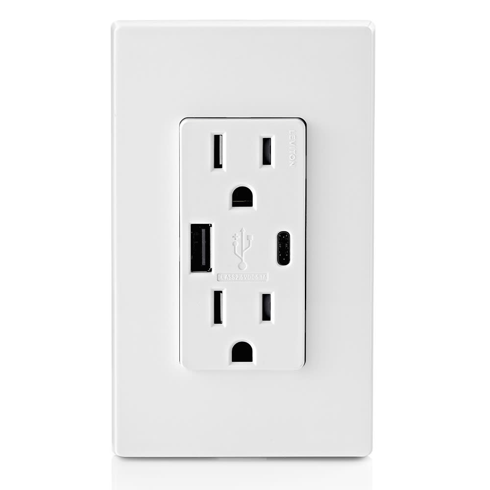 Leviton Outlet with USB Type A/C Charger 15A 125V 5-15R White