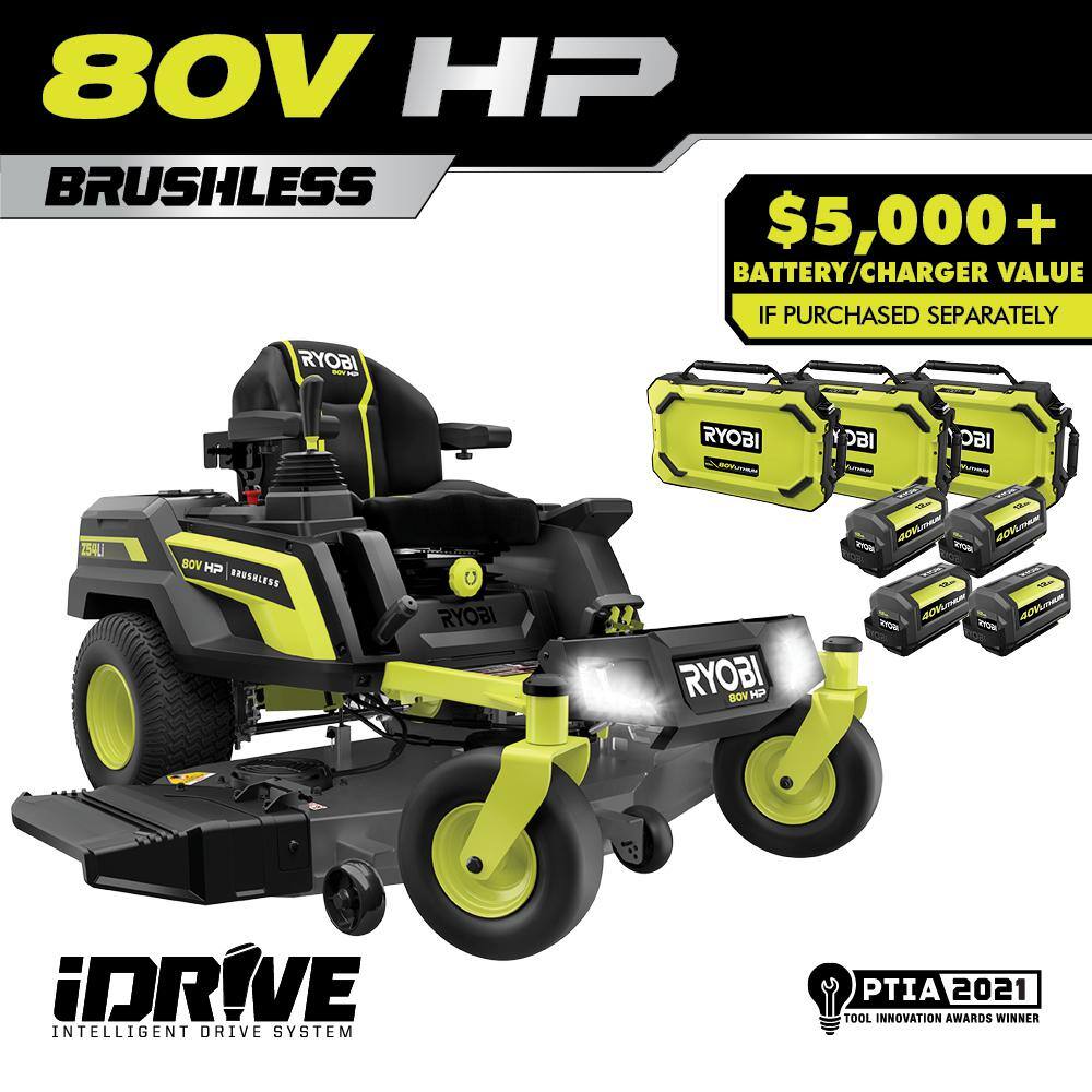 RYOBI 80V HP Brushless 54 in. Battery Electric Cordless Zero Turn Riding Mower (3) 80V Batteries (4) 40V Batteries and Charger RYRM8034