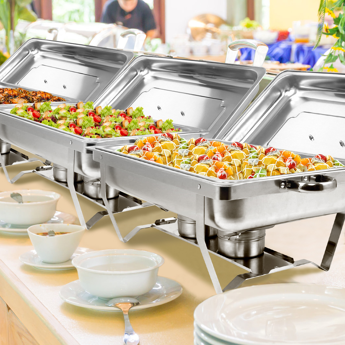 BreeRainz 4 Pack 8QT Chafing Dish Buffet Set， Stainless Steel Food Warmer Set， Rectangular Buffet Server with Tongs and Spoons for Parties， Catering， Banquets， Events (Full Size)