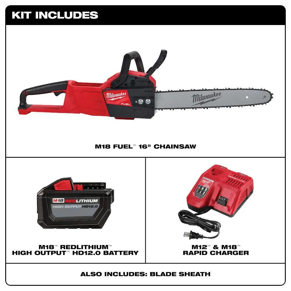 Milwaukee M18 FUEL 16 in. 18-Volt Lithium-Ion Brushless Battery Chainsaw Kit with 12.0 Ah Battery and M18 Rapid Charger 2727-21HD