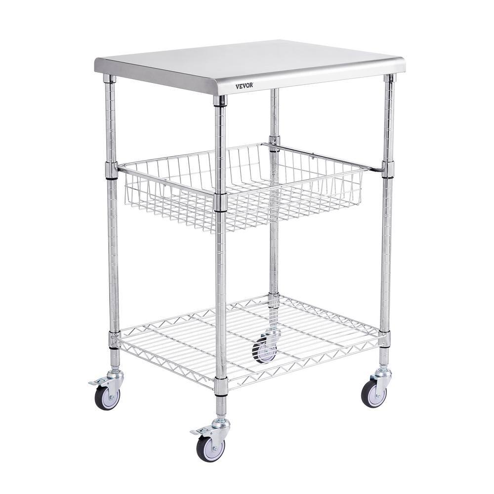 VEVOR 3-Tiers Kitchen Utility Cart 20 in. Wire Rolling Cart with Wheels Metal Storage Trolley with 6 Hooks Kitchen CartSilver LLCFTCCB20X24IGJ4V0