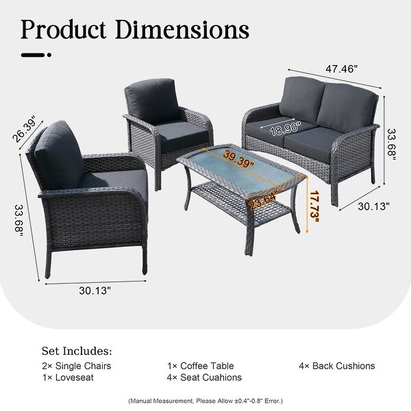 HOOOWOOO Outdoor 4piece Wicker Conversation Sofa Set with Glass Coffee Table