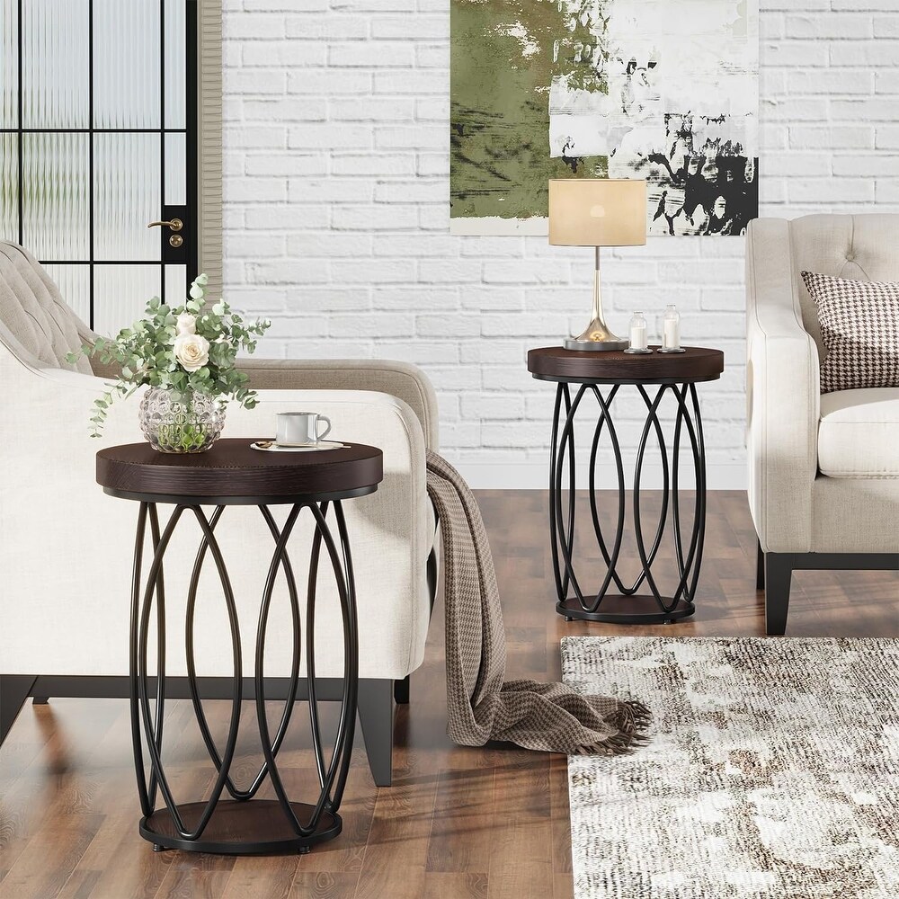 Industrial Round Side Table  Small End Table with Metal Frame