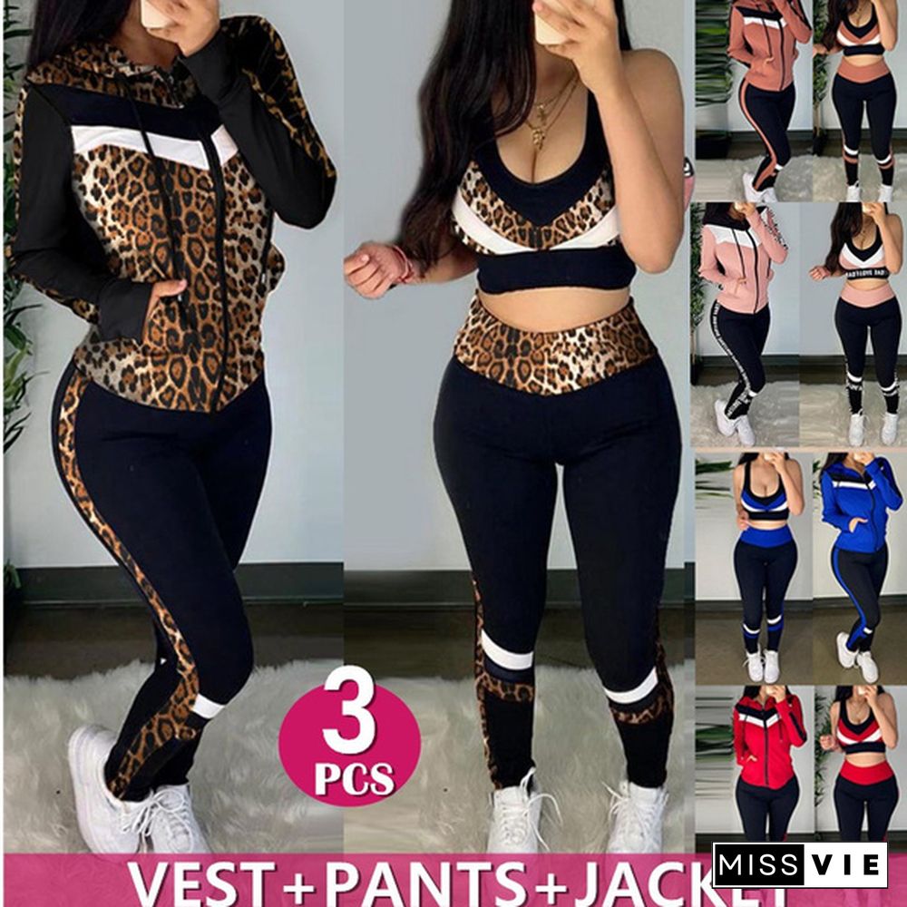 Women Fashion Sports Suits Running Wear Gym Clothes Vest Top / Pants/ Coat 3Pcs Set