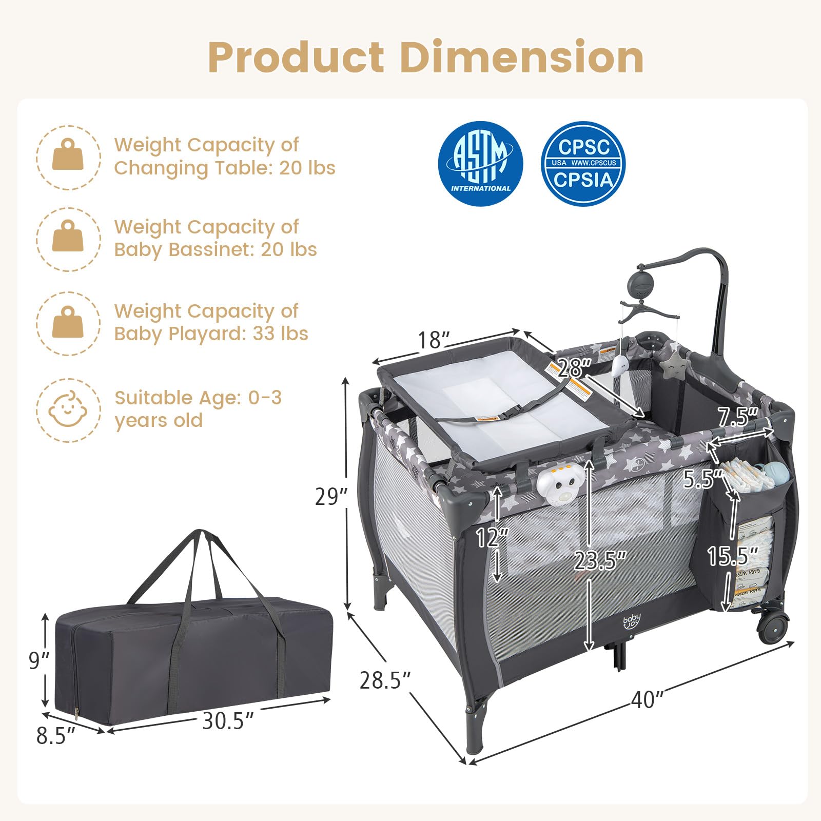 Costzon 3 in 1 Pack and Play with Bassinet, Portable Baby Playard with Changing Table