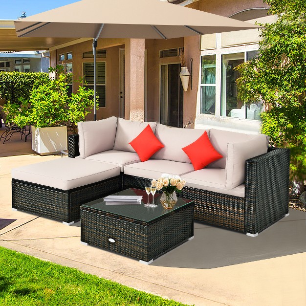 Tangkula 5 Pcs Patio Rattan Furniture Set Wicker Table Sofa Garden Outdoor W Cushion Black