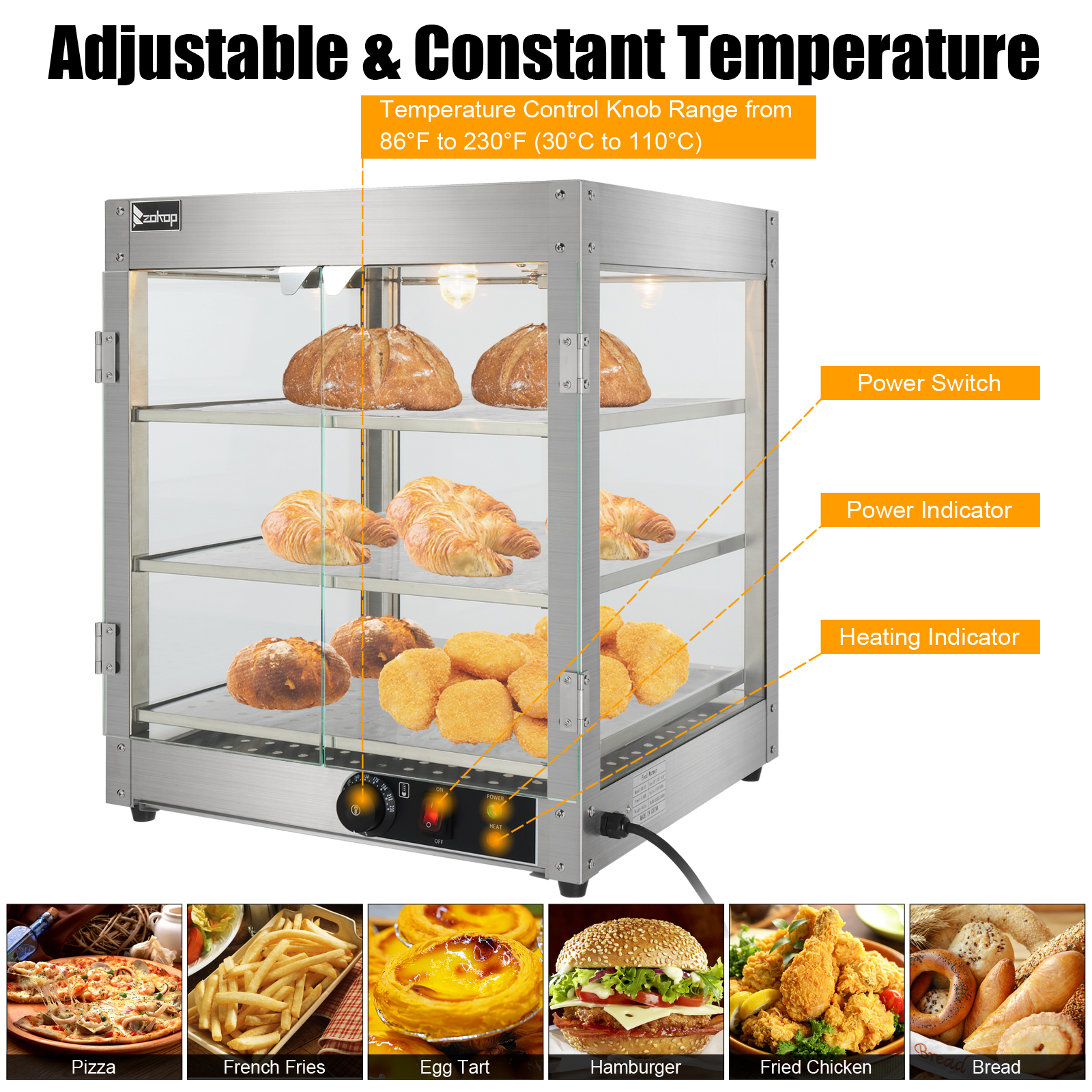 Ktaxon Commercial Food Warmer 3-Tier Countertop Food Pizza Pastry Warmer Display Case 800W 110V