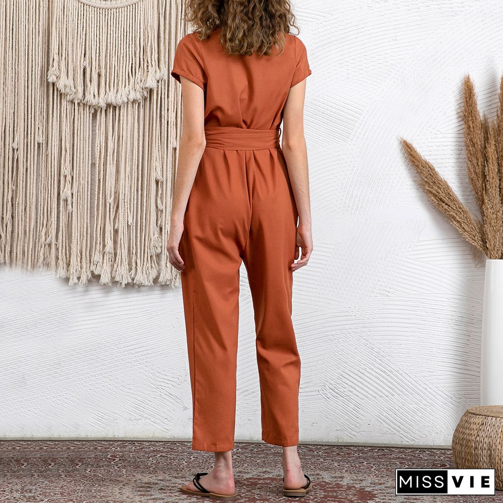 Casual Cozy Linen Wrap Jumpsuit