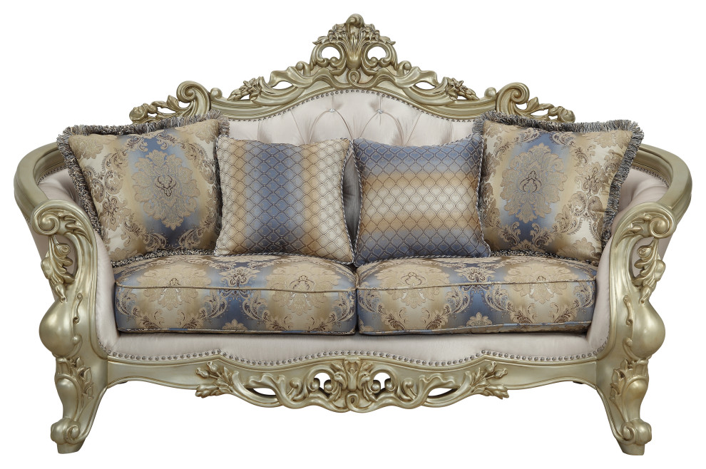 Curved Design Loveseat With Scrollwork And Crystal Tufting  Silver And Gold   Victorian   Loveseats   by VirVentures  Houzz