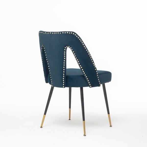 Contemporary Velvet Upholstered Dining Chair with Nailheads and Gold Tipped Black Metal Legs Set of 2