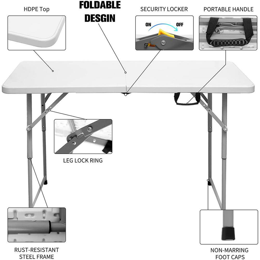 SKONYON 4 ft. White Adjustable Height Fold-in-Half Plastic Outdoor Picnic Folding Table SGFT88131