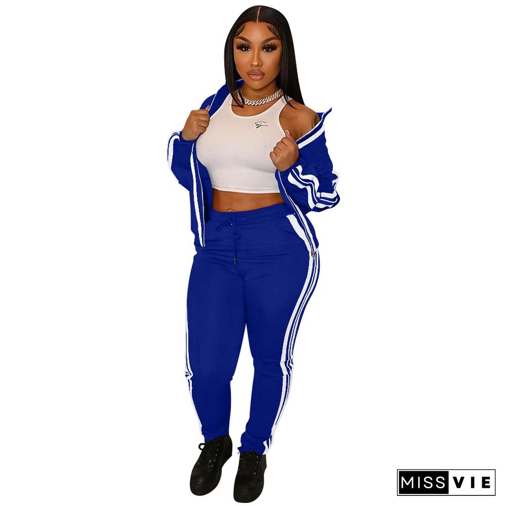 Side Striped Zip Sporty Jacket Two Piece Pants Set