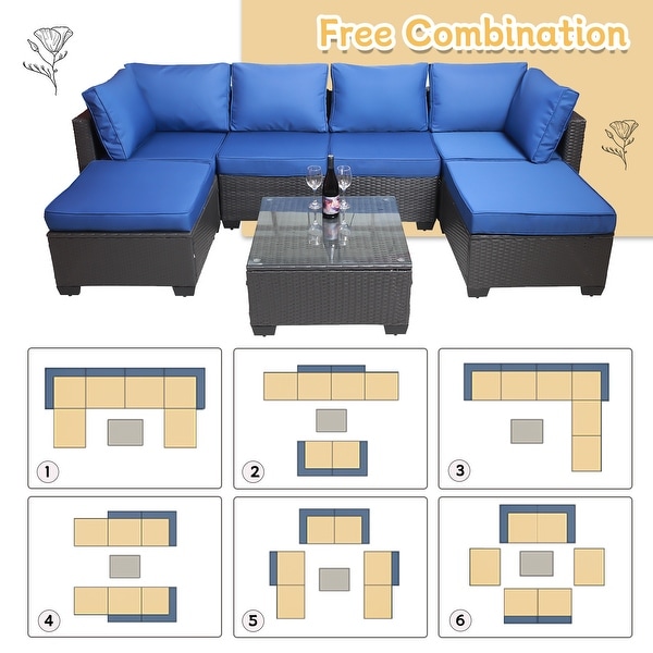 7Piece Rattan Sectional Sofa Set with Cushions and Table