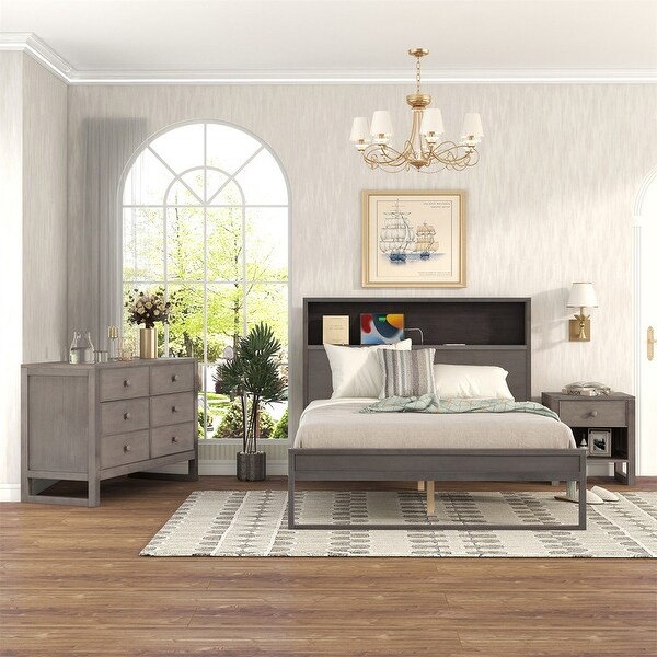 3 Pieces Bedroom Sets Full Size Platform Bed with Nightstand and Dresser - - 36692570