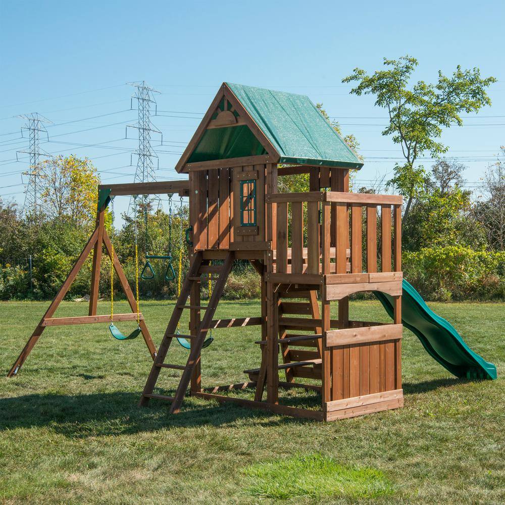 Swing-N-Slide Playsets Elkhorn Ready-To-Assemble Outdoor Wooden Playset with Slide Rock Wall Swings and Backyard Swing Set Accessories WS 8357