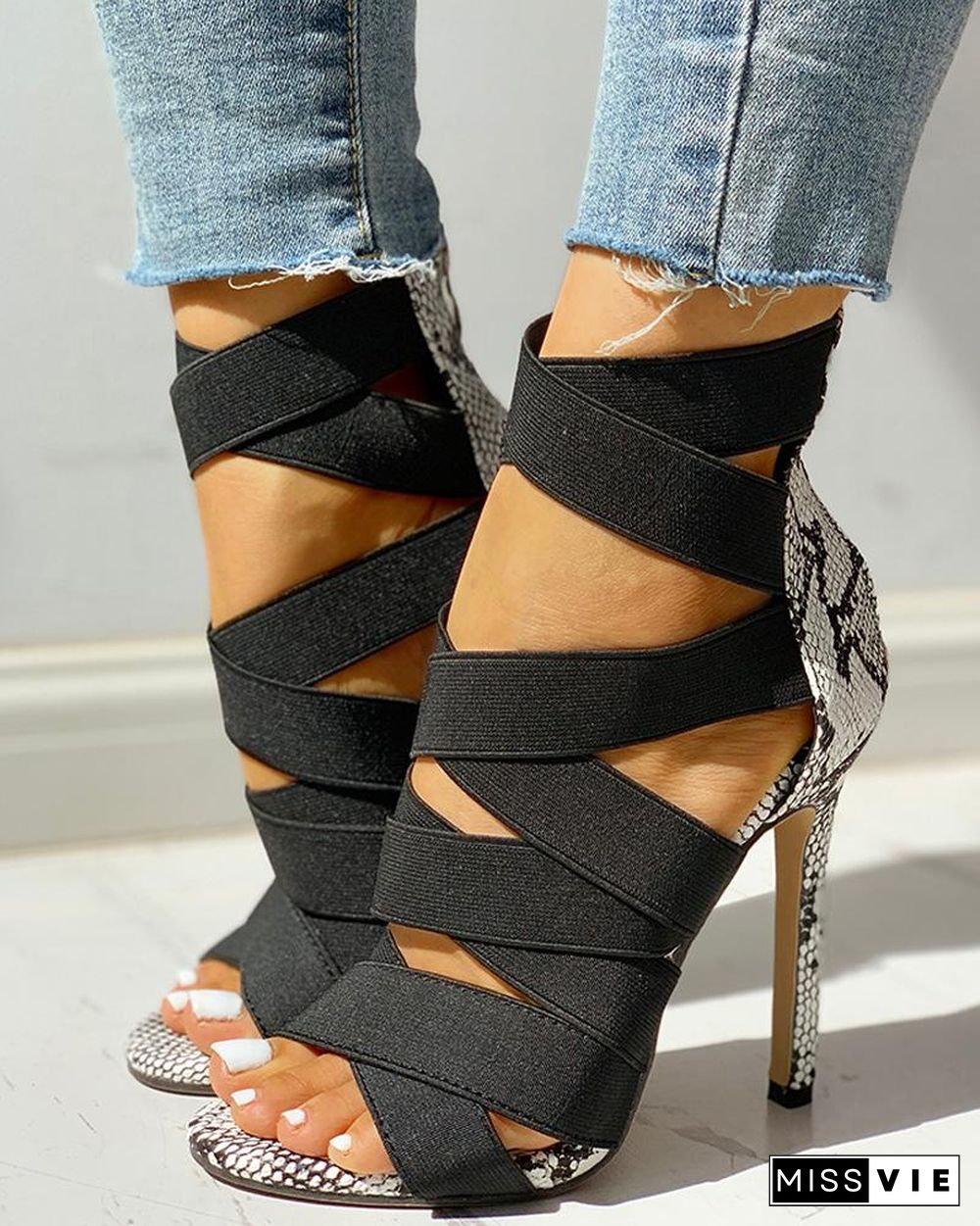 Lace-Up Bandage Patchwork Snakeskin Thin Heeled Sandals