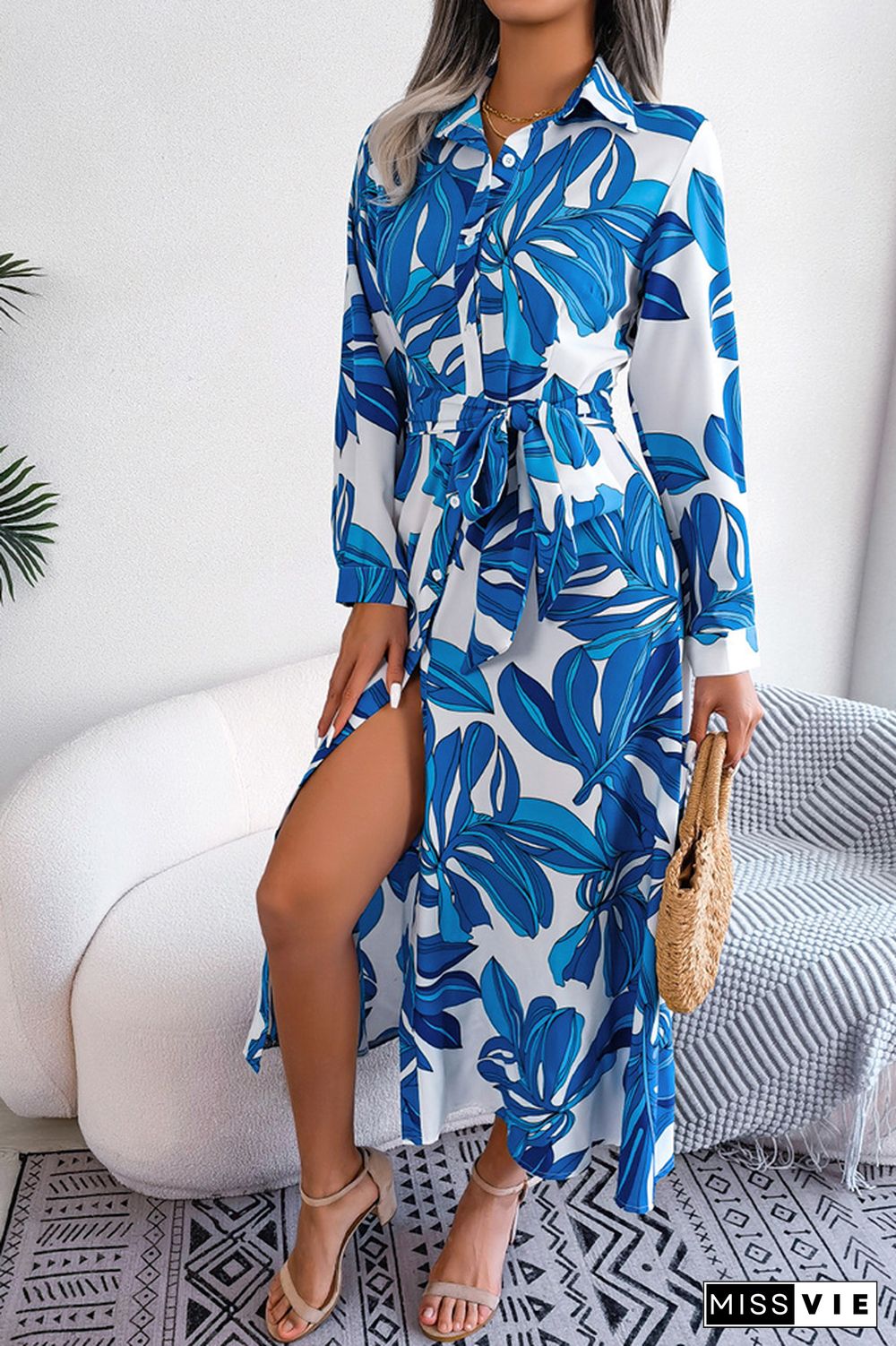 Contrast Print Button UP Split Shirt Dress