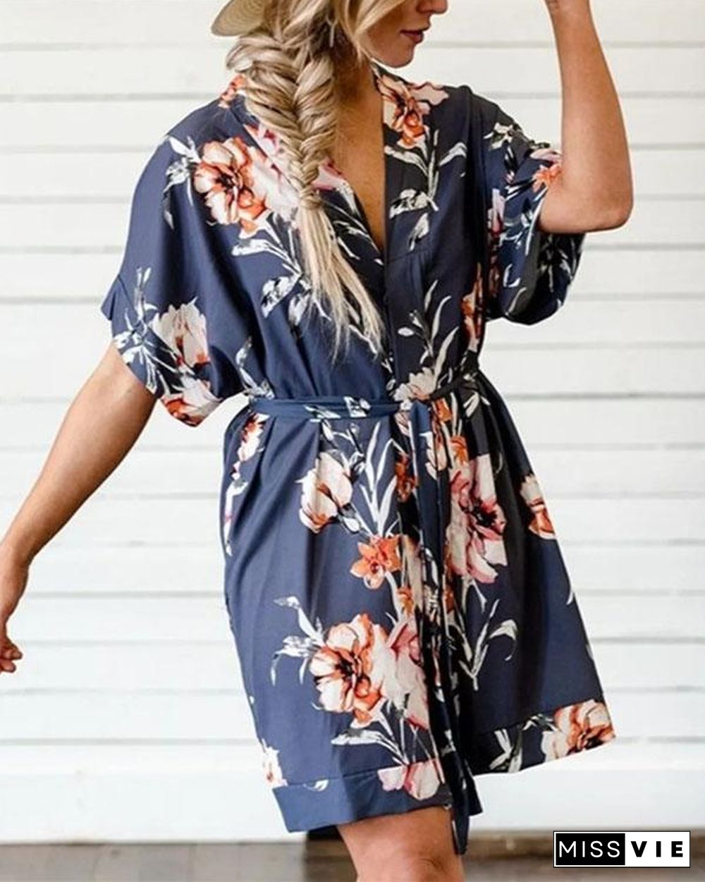 Short Sleeve Floral Leaf Print Dress