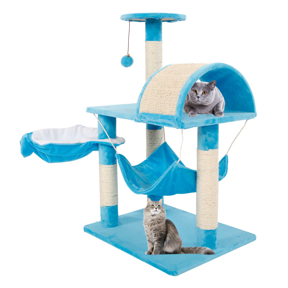 Lowestbest 32" Multi-Level Cat Activity Tree, Cute Sisal Play House Climber Activity Centre Cat Tower Stand Furniture with Scratching Posts Hammock Dangling Ball, Suit for Cats Pet, Blue