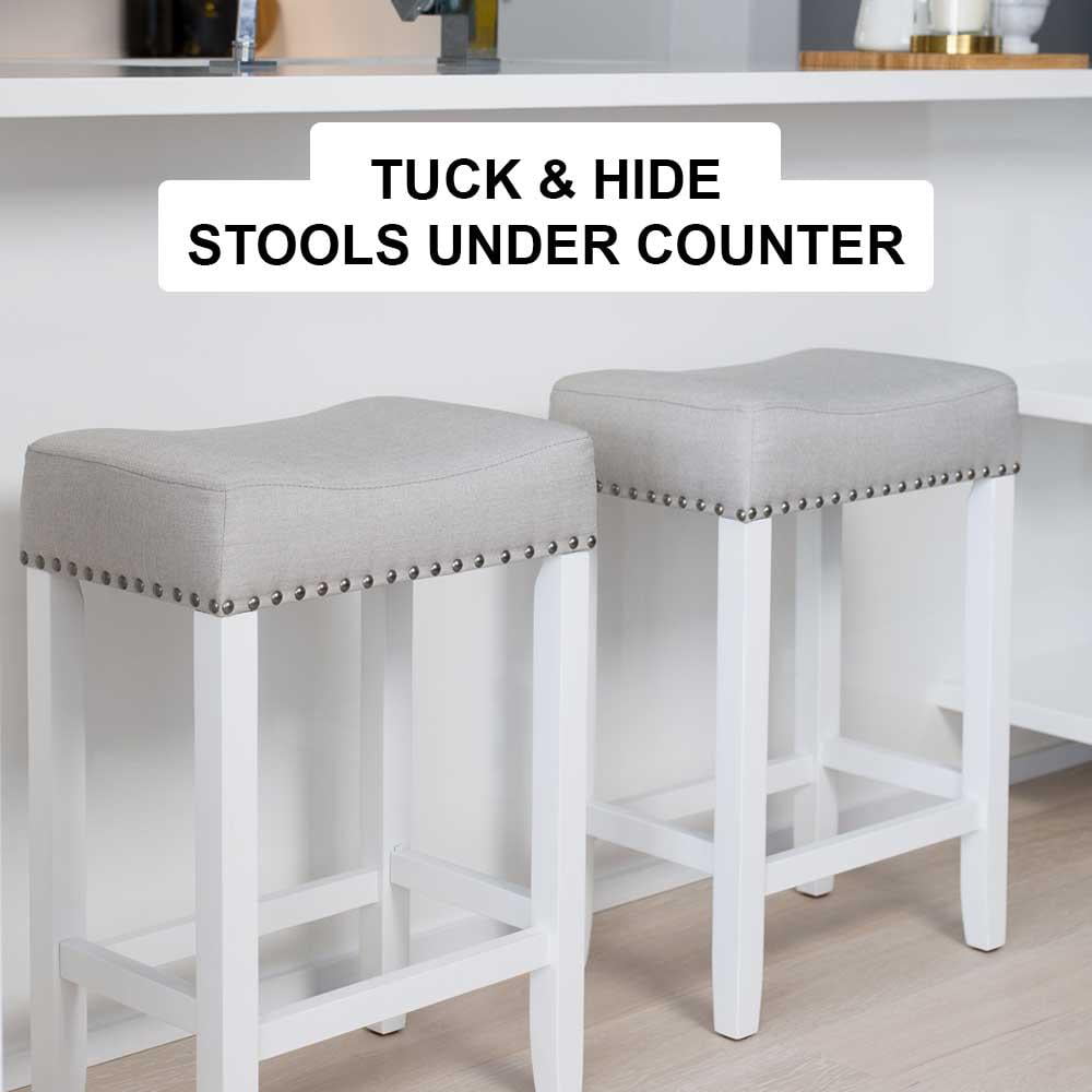 Nathan James Hylie Nailhead Wood Pub-Height Counter Bar Stool 24 Gray Fabric Cushion White Finish