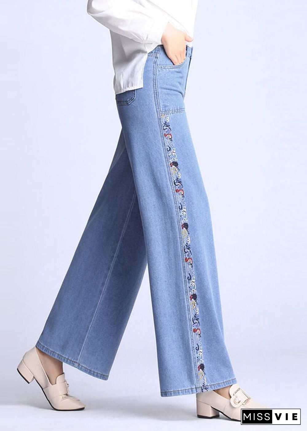 Natural Light Blue Embroideried Pockets Draping Cotton Women's Straight Pants Spring