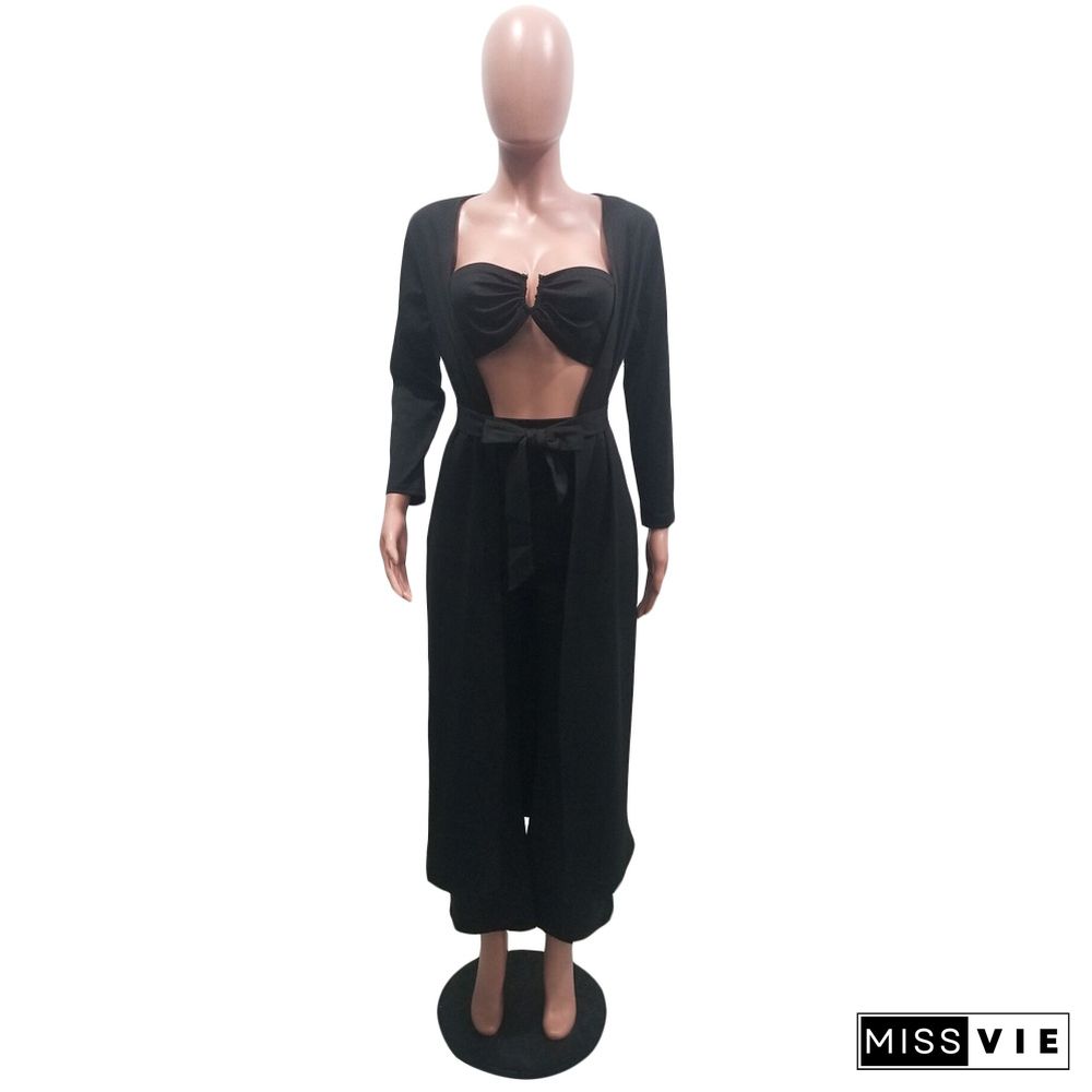 Crop Bra Top Wide Leg Pants Long Cardigan Set