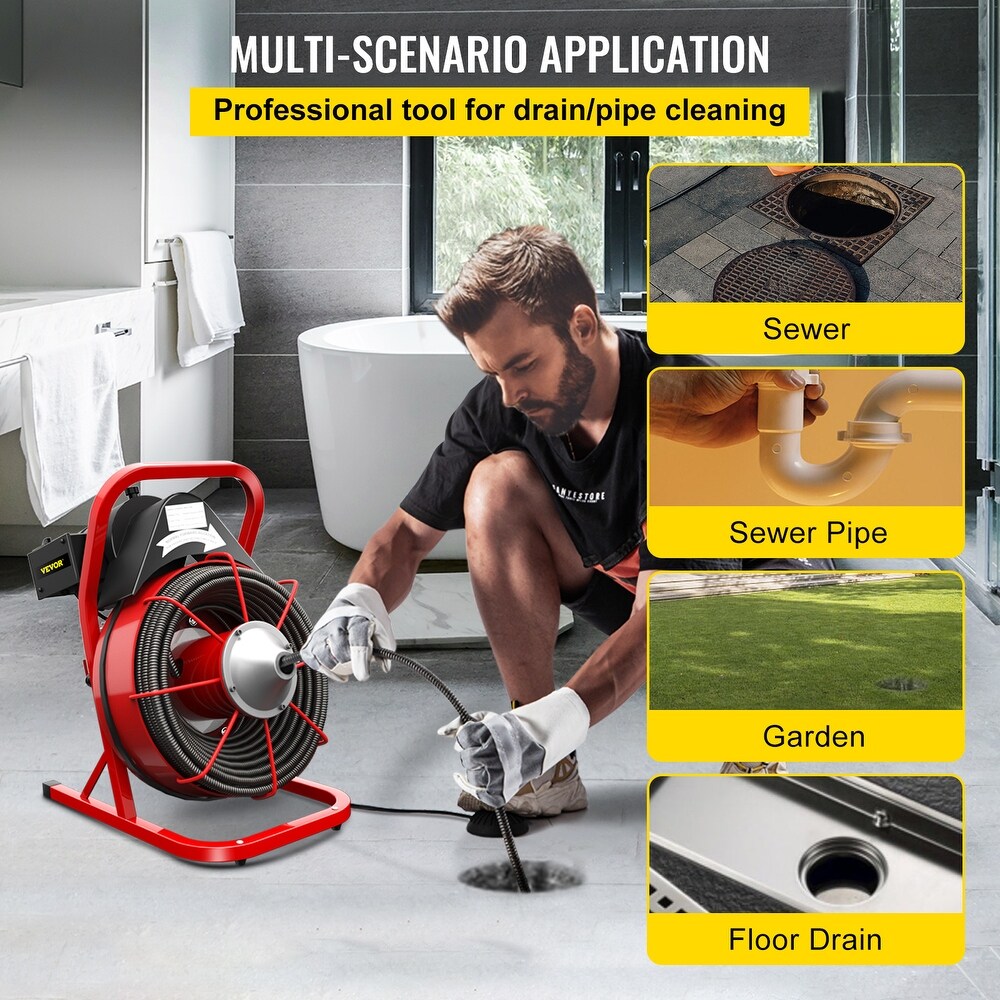 VEVOR Drain Cleaner Machine fit 1 Inch/25MM to 4 Inch/100MM Pipes Portable Electric Drain Auger with Cutters Glove