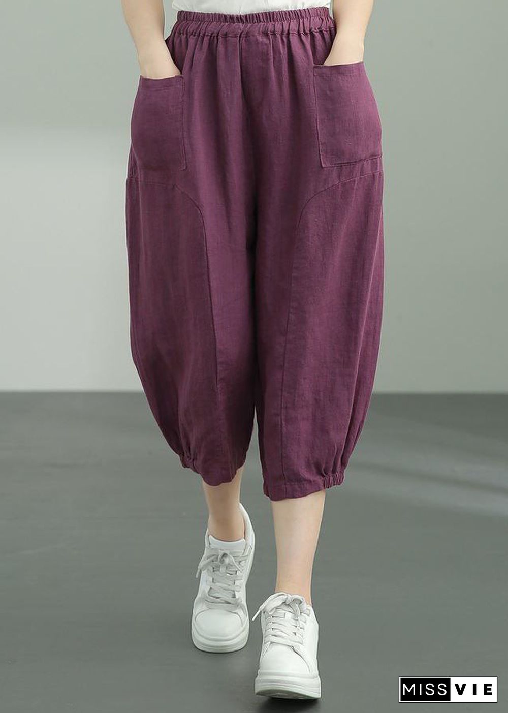 Purple Pockets Patchwork Linen Lantern Pants Summer