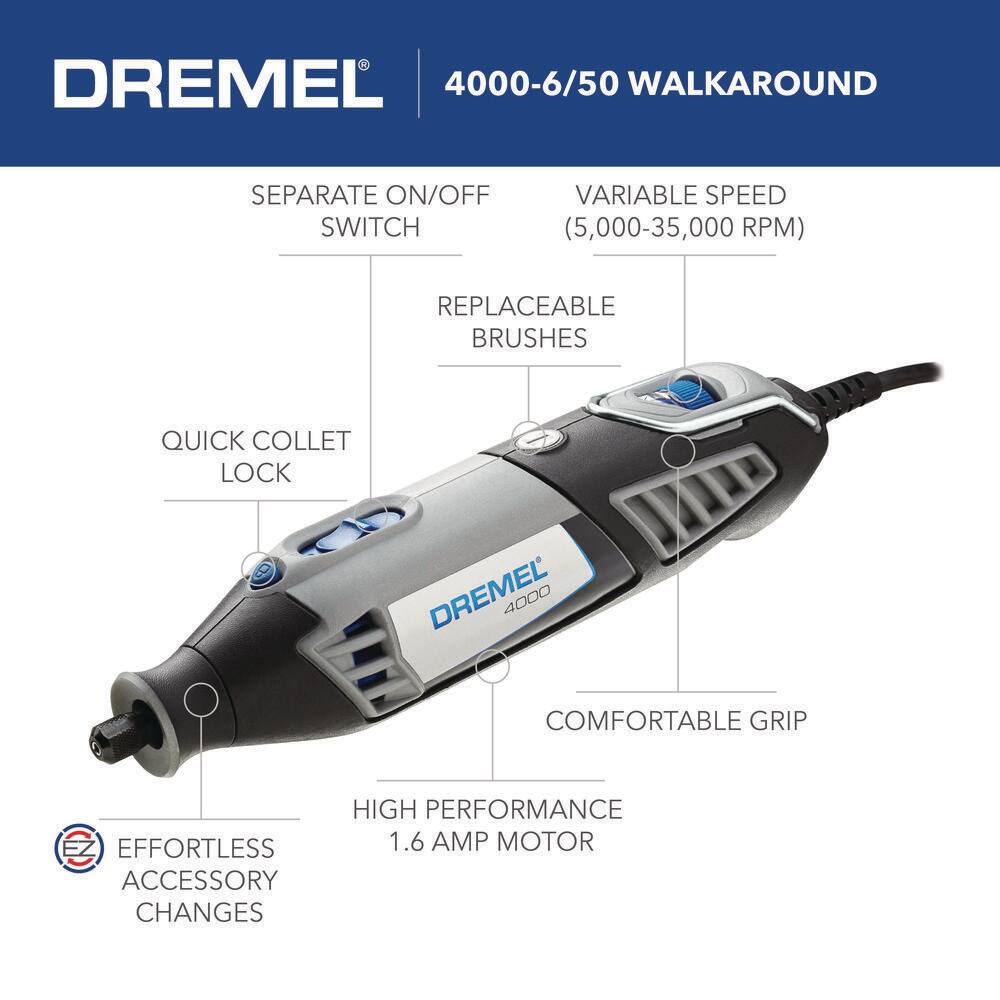 Dremel 4000 Series 1.6 Amp Variable Speed Corded High Performance Rotary Tool Kit with 50 Accessories 6 Attachments and Case 4000-650