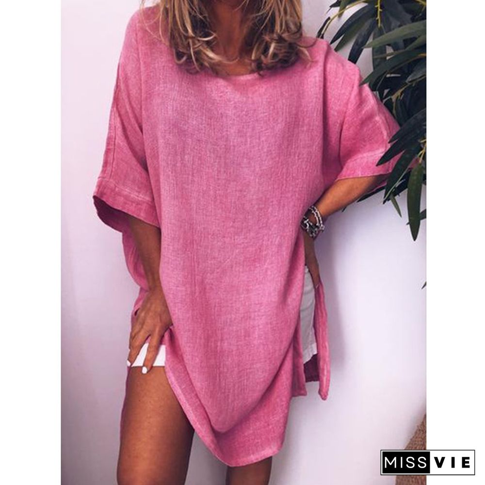 Women's Summer Casual Short Sleeve Plus Size Oversized T-shirt Dress Solid Color Loose Slit Hem Long Linen Blouses Side Slit Beach Wear Party Dress