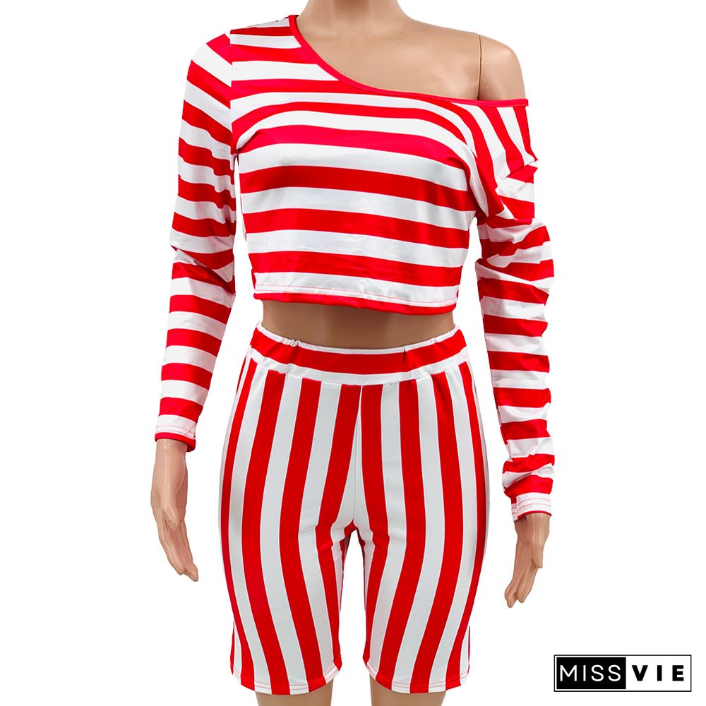 Striped Long Sleeve Crop Top and Shorts Plus Size Sets