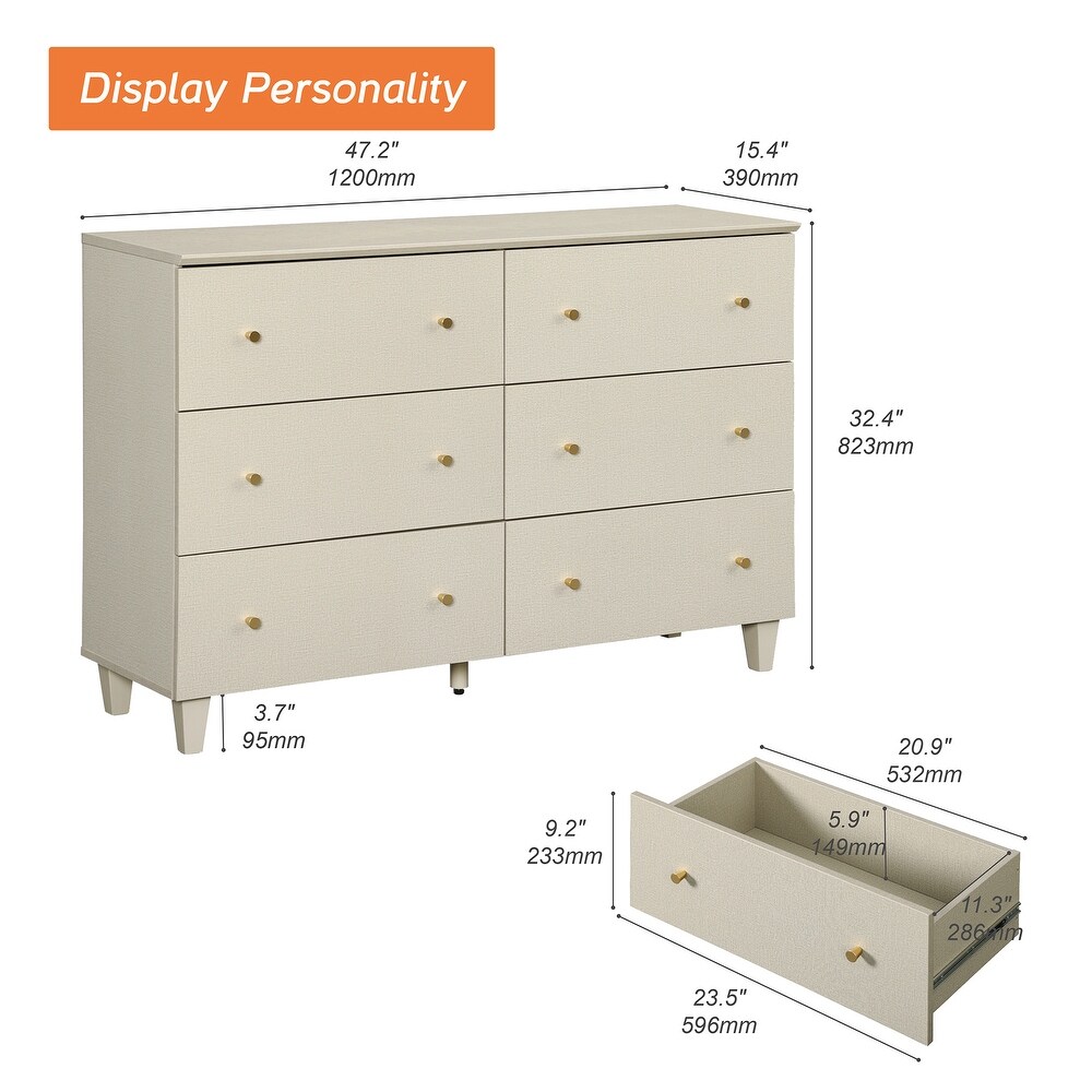 6 Drawers Dresser for Bedroom  Wooden Wide Chest of Drawers