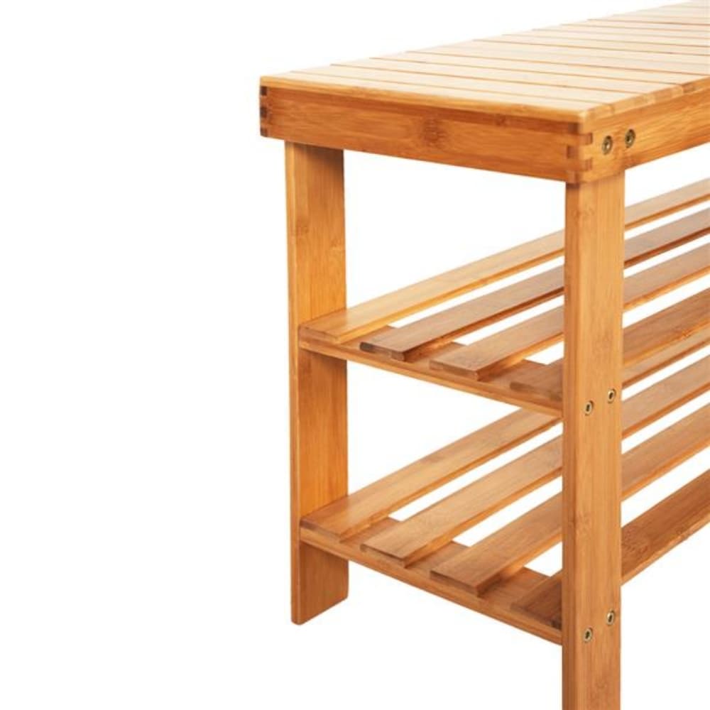 90cm Strip Pattern Tiers Bamboo Stool Shoe Rack with Boots Compartment Wood Color   35.43 x 11.02 x 17.72