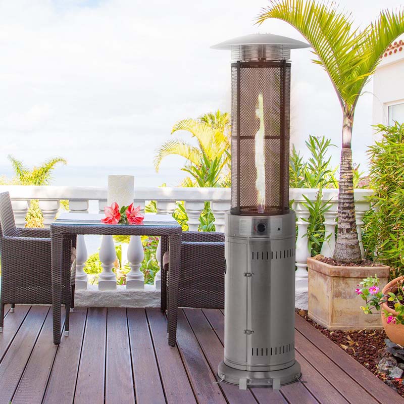 34,000BTU Standing Propane Patio Heater with Wheels, Stainless Steel Round Glass Tube Gas Outdoor Heater