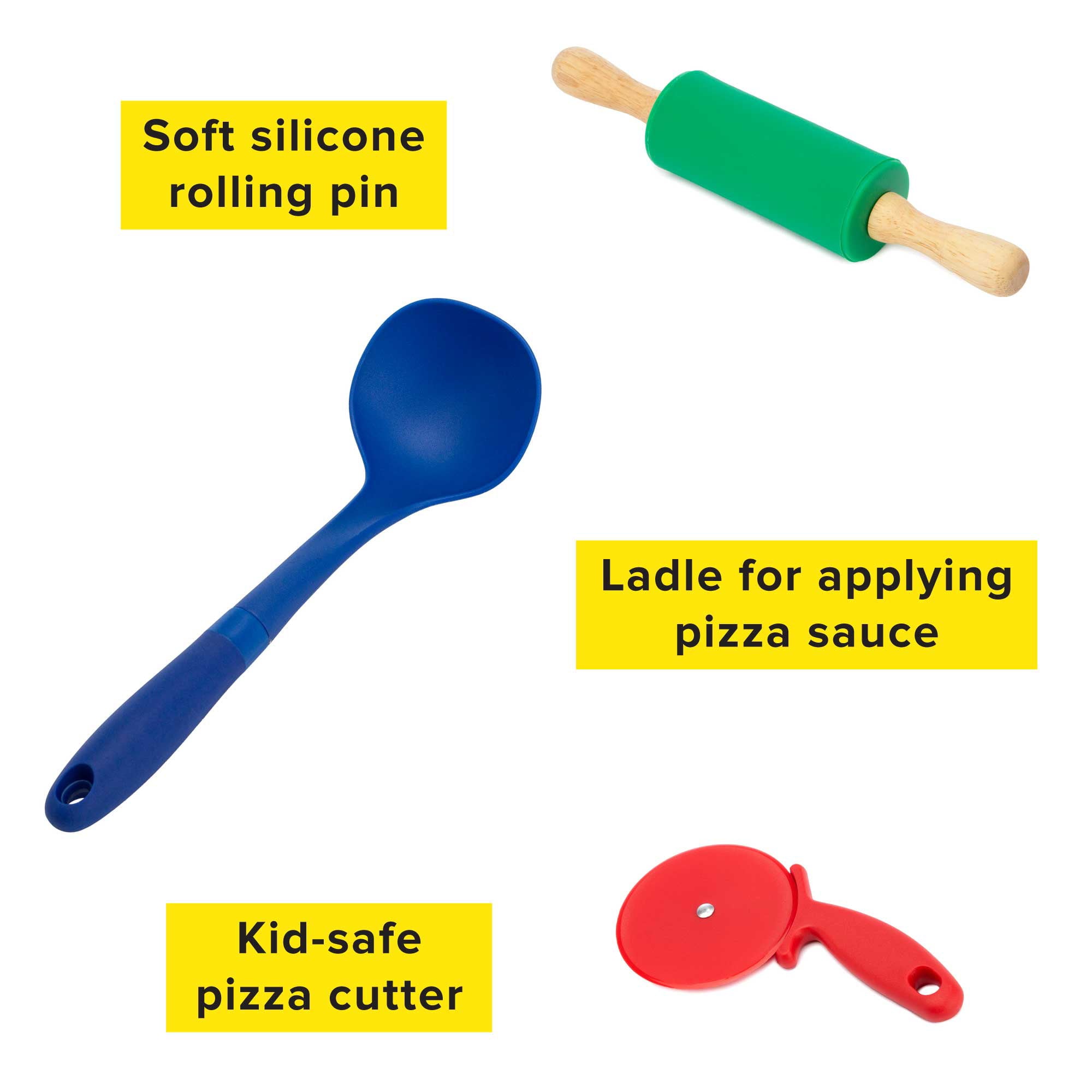 Tasty Kits Pizza Gadget Set, Includes Non-Stick Pizza Pan, Wood Serving Board, and Real Kid-Safe Cooking Tools, Multi-color, 5 Piece