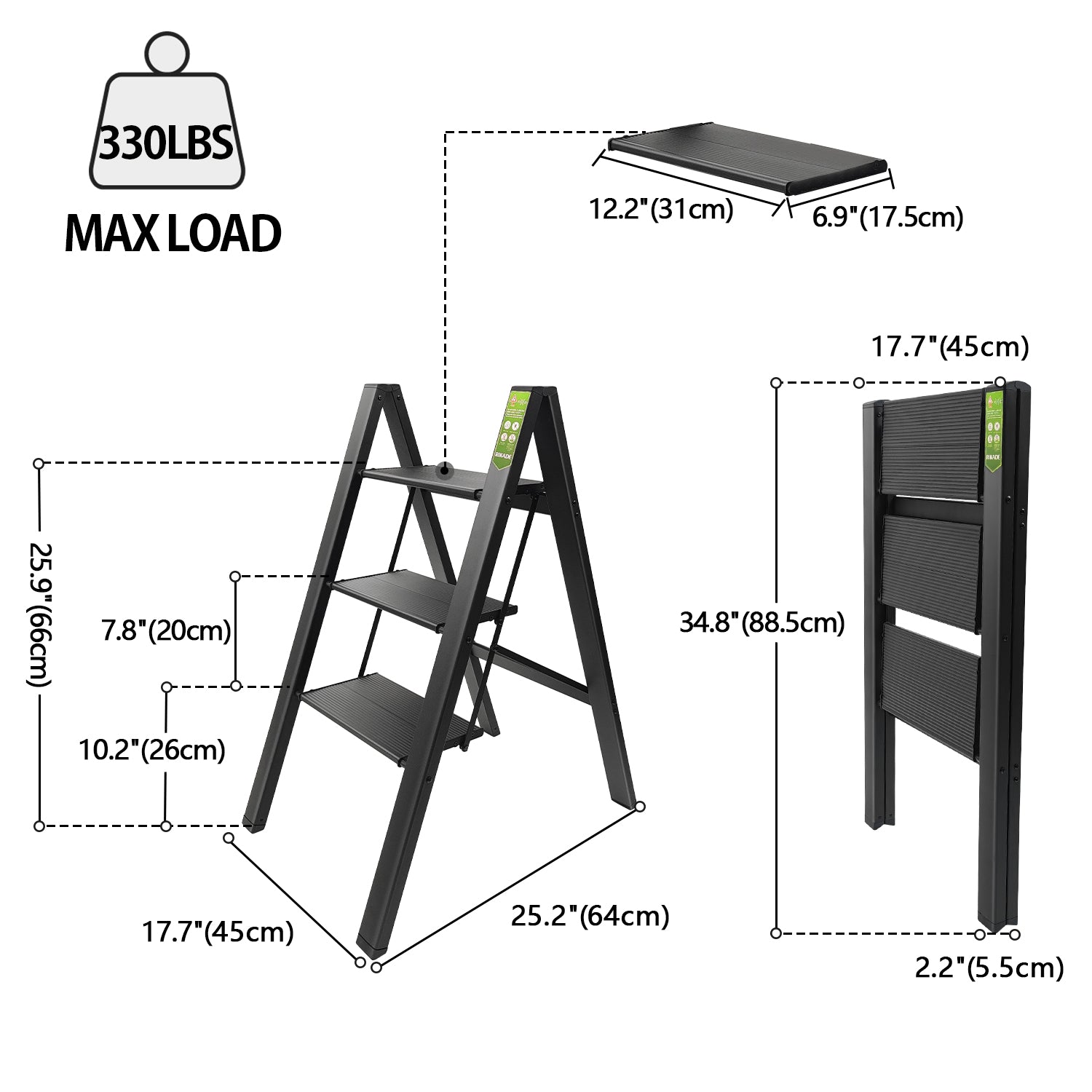 3 Step Ladder, KERDOM RIKADE Folding Step Stool with Wide Anti-Slip Pedal, Aluminum Portable Lightweight Ladder for Home and Office Use, Kitchen Step Stool 330lb Capacity