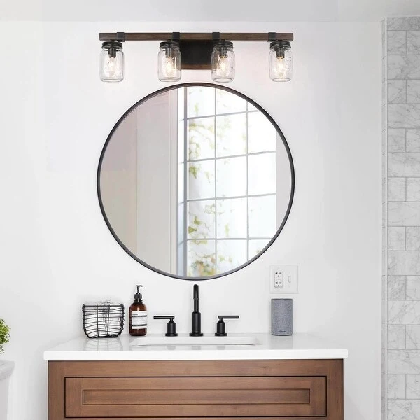 Kole Farmhouse 4-Light Wood Linear Bathroom Vanity Lights Mason Jars Wall Sconces