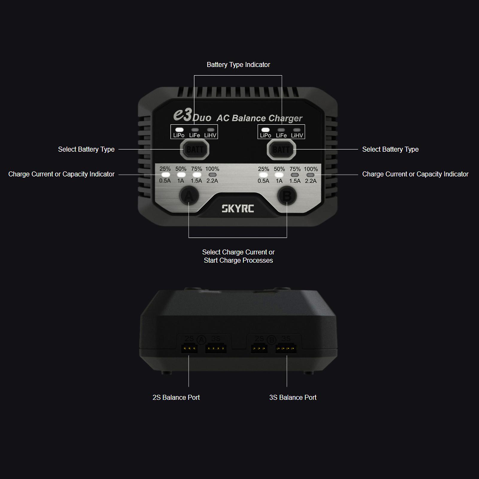 Skyrc E3 Duo Ac Balance Charger Portable Handy 100-240v 20w*2 Dual-channel Charger For 2-3s Lipo Lihv Life Battery Rc Car Drone Helicopter Airplane Bo