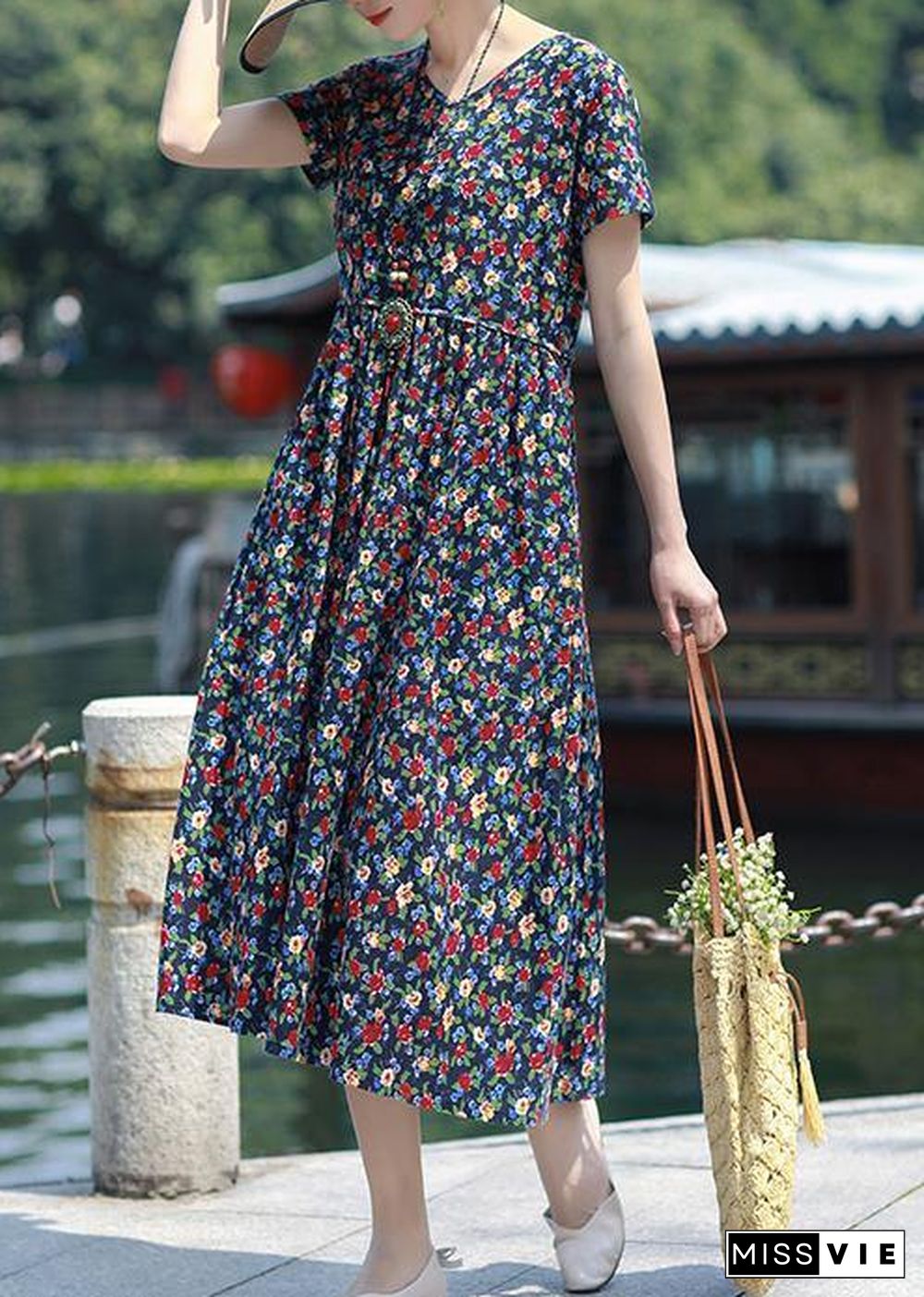 Art navy print linen clothes v neck pockets loose summer Dress