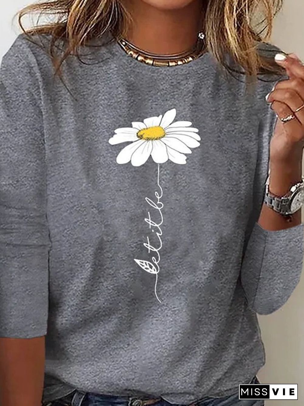 Daisy Casual Long sleeve Crew Neck T-Shirt