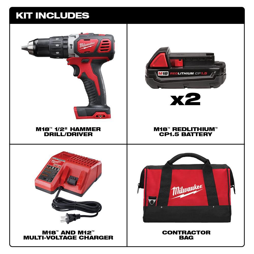 Milwaukee M18 Compact 1/2 in. Hammer Drill/Driver Kit with Compact Batteries 2607-22CT from Milwaukee