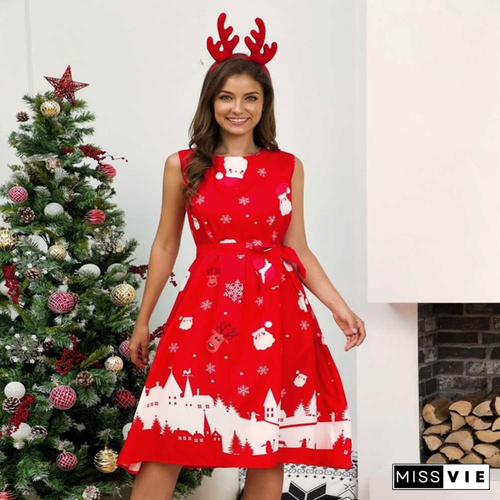 Christmas Dresses for Women Sleeveless Cocktail A-Line Xmas Santa Claus Snowflake Christmas Party Dress Retro Vintage Style Cocktail Party Swing Dresses