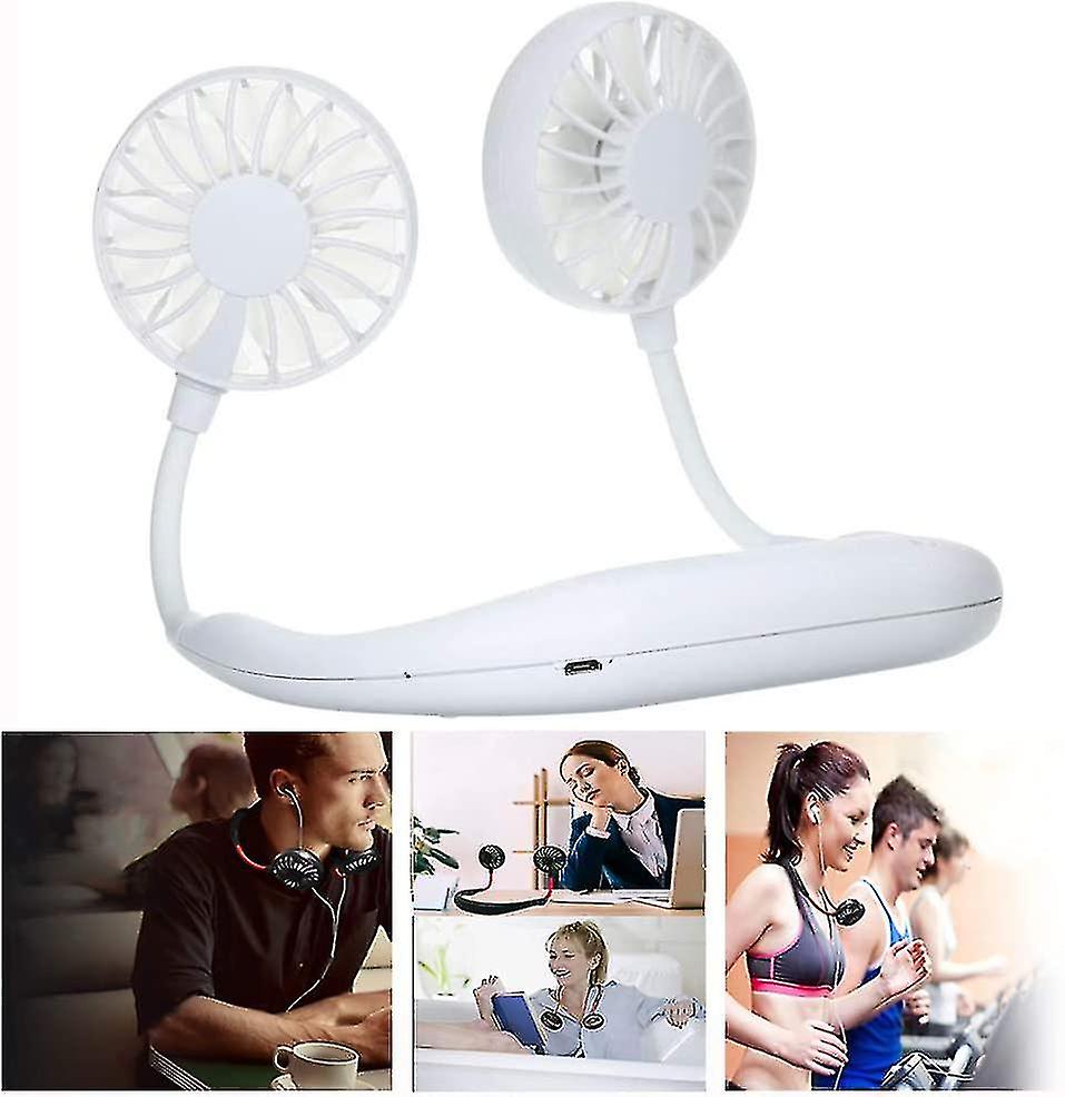 Portable Fan， Mini Usb Fan， Portable Rechargeable Neck Fan， Neck Fan， 3 Speed Wind Dual Head Air Cooler For Outdoor Camping White