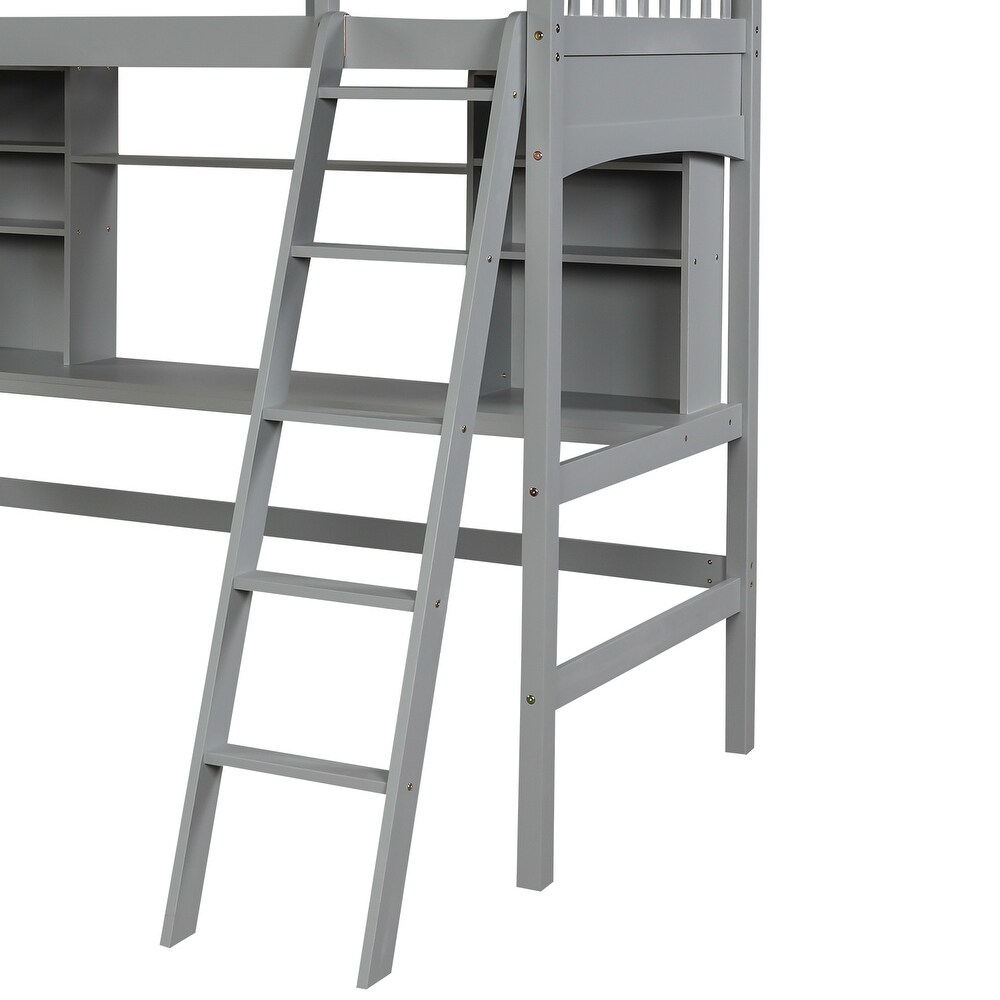 Multifunctional Design Twin size Loft Bed with Storage Shelves  Desk and Ladder