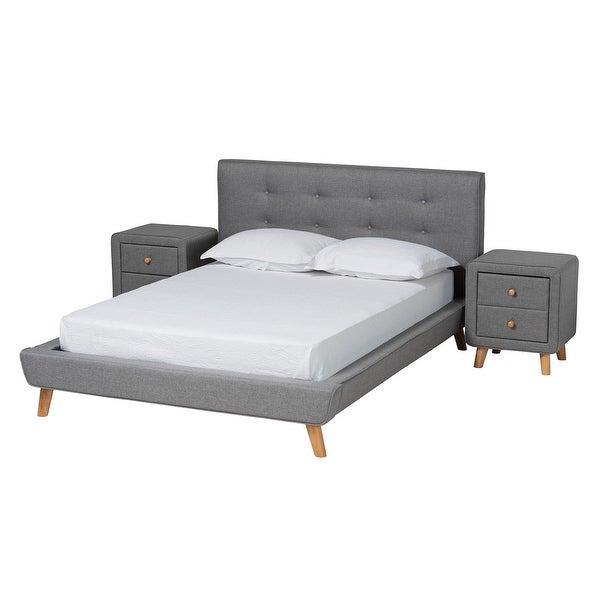 Jonesy Mid-Century Modern and Transitional 3-Piece Bedroom Set with Grey Fabric Upholstered bed - - 36356197