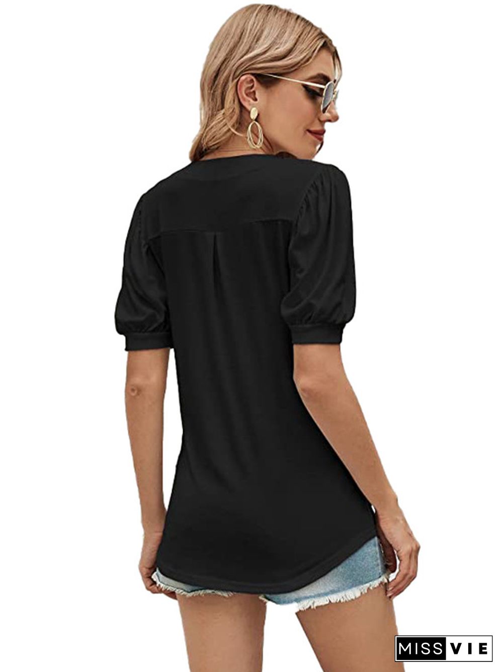 Simple Solid Color V-Neck Puff Sleeves T-Shirt Top