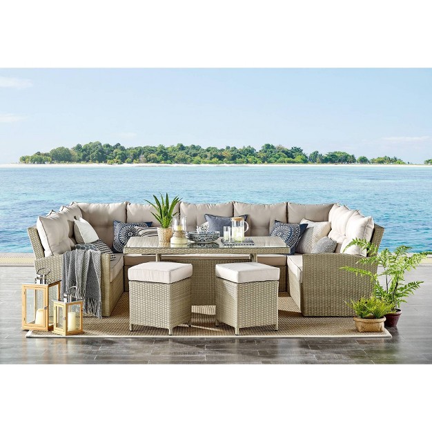 Canaan 4pc All Weather Wicker Outdoor Double Corner Horseshoe Sectional Set Cream Alaterre Furniture