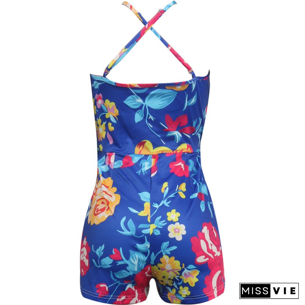 Women Holiday Floral Print V Neck Sleeveless Summer Bandage Beach Halter Neck Skinny Rompers