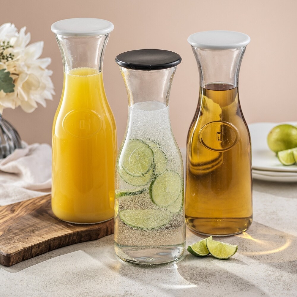 Hali Glass Carafe Bottle Pitcher with 6 Lids   35 oz   Set of 3   3.5\