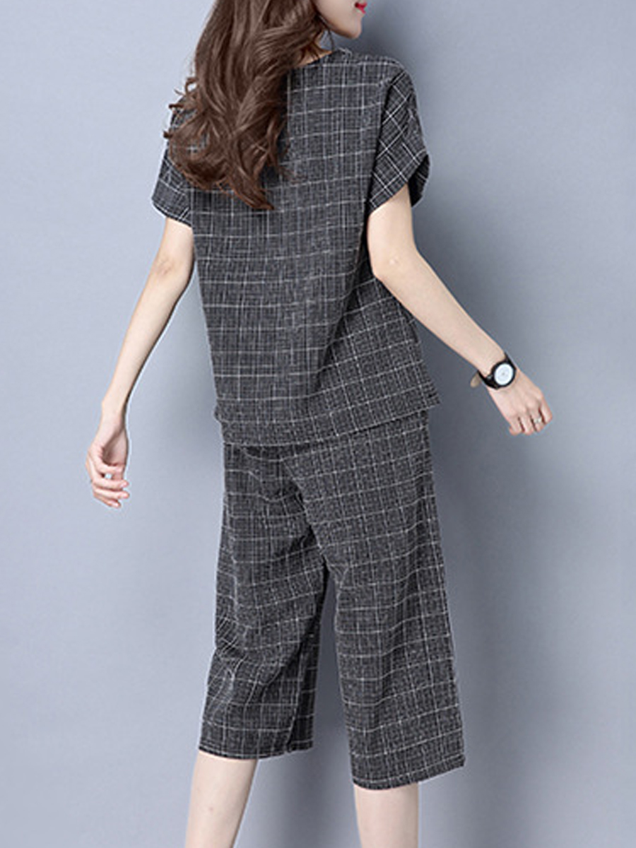 Round Neck  Checkered Blouses And Bottoms Suits